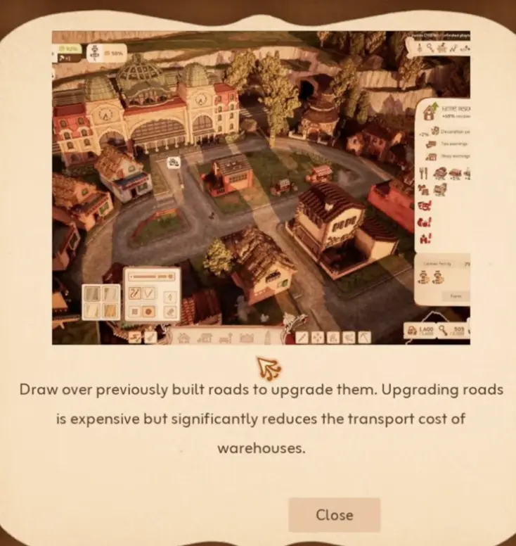 Town to City road upgrade tooltip explaining that upgraded roads reduce warehouse transport cost