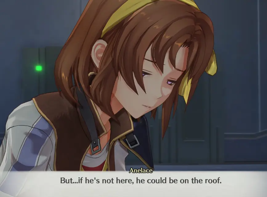 Anelace telling Estelle that Joshua may have gone to the research facility rooftop