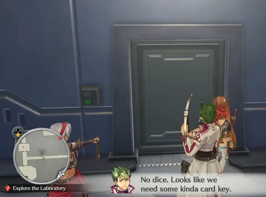 Locked research facility door requiring a card key in Chapter 6