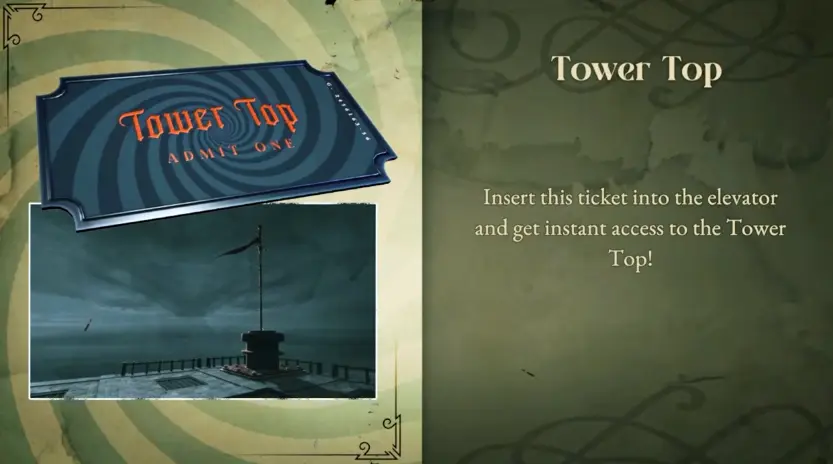 Tower Top ticket granting elevator access to the final area in Twisted Tower