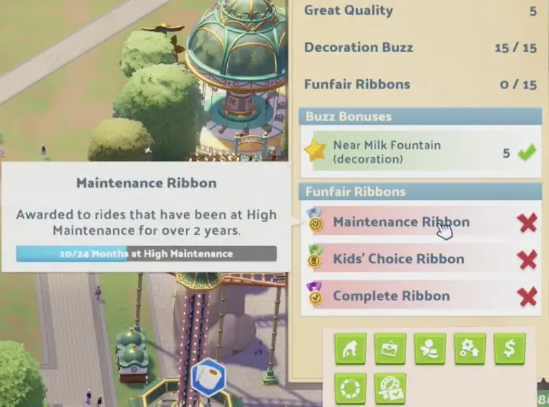 Two Point Museum Funfair Ribbon inspector showing Maintenance, Kids' Choice, and Complete Ribbon conditions, including 10 of 24 months at High Maintenance