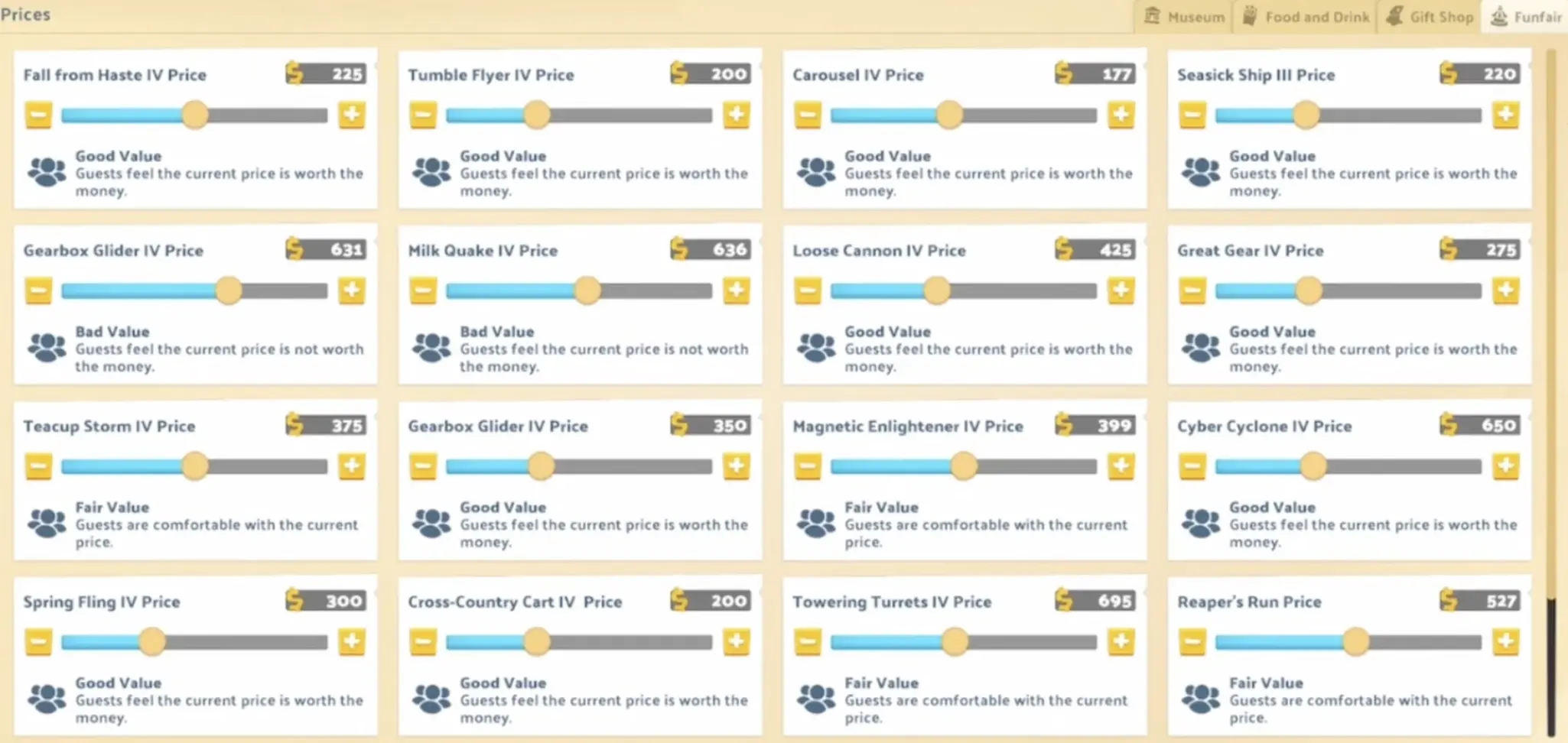 Two Point Museum Funfair prices showing Gearbox Glider IV at 631 with Bad Value and another Gearbox Glider IV at 350 with Good Value, alongside other ride prices