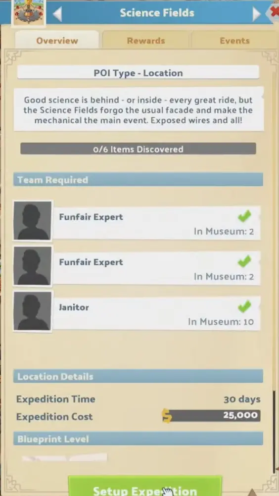 Science Fields expedition Overview requiring two Funfair Experts and one Janitor, with 30 days, 25000 cost, and six items to discover