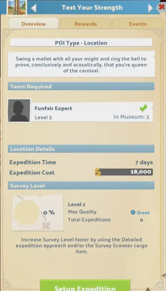 Test Your Strength Survey POI requiring a Level 5 Funfair Expert for a seven-day expedition costing 18000