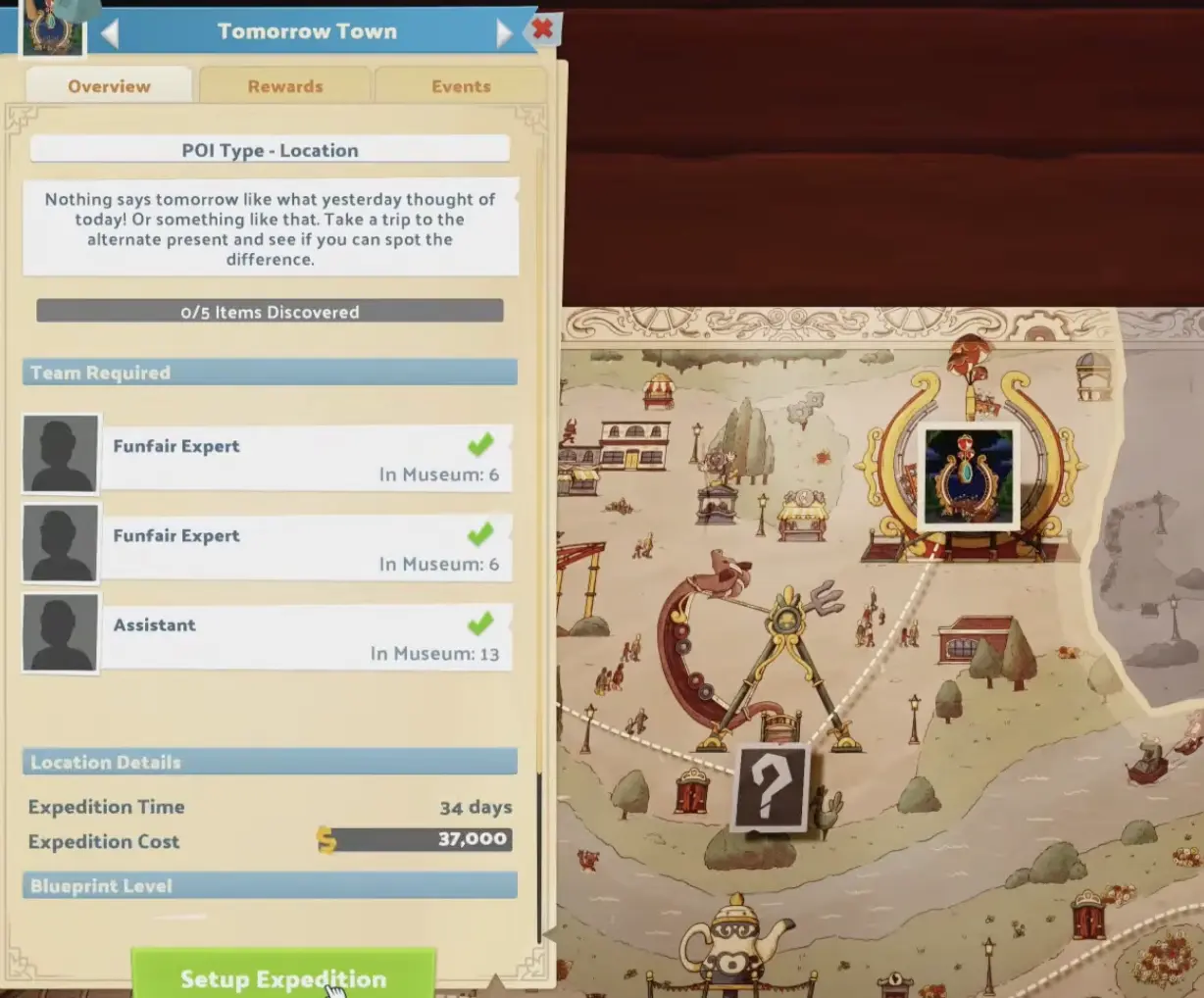 Tomorrow Town expedition Overview showing two Funfair Experts, one Assistant, a 34-day expedition, 37000 cost, and five discoverable items