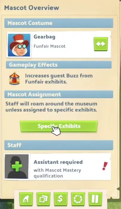 Mascot Overview showing Gearbag, the costume selection arrows, Specify Exhibits assignment, and the Assistant requirement for Mascot Mastery