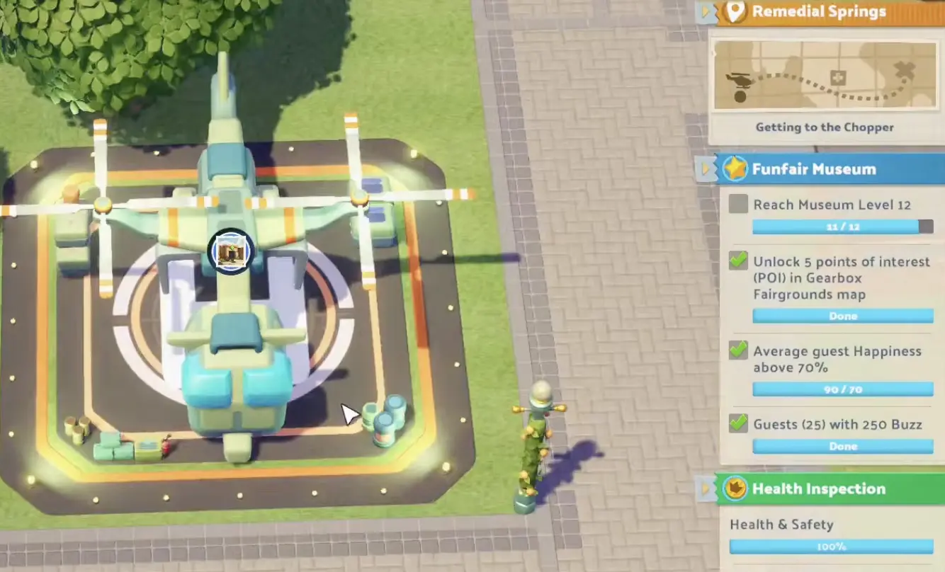 Riquetti Gardens first-star objectives showing Museum Level 12, five unlocked Gearbox POIs, guest Happiness above 70 percent, and 25 guests with 250 Buzz