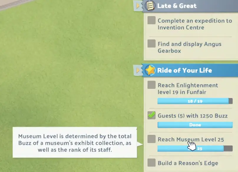 Riquetti Gardens Ride of Your Life objectives showing Funfair Enlightenment Level 19, five guests with 1250 Buzz, Museum Level 25, Reason's Edge, and Late and Great objectives