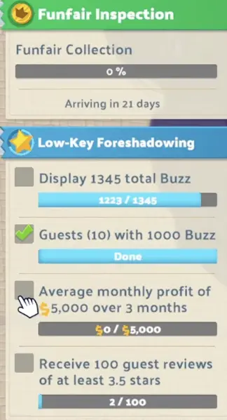 Low-Key Foreshadowing objectives showing 1345 Buzz, ten guests reaching 1000 Buzz, average monthly profit of 5000 over three months, and 100 reviews of at least 3.5 stars