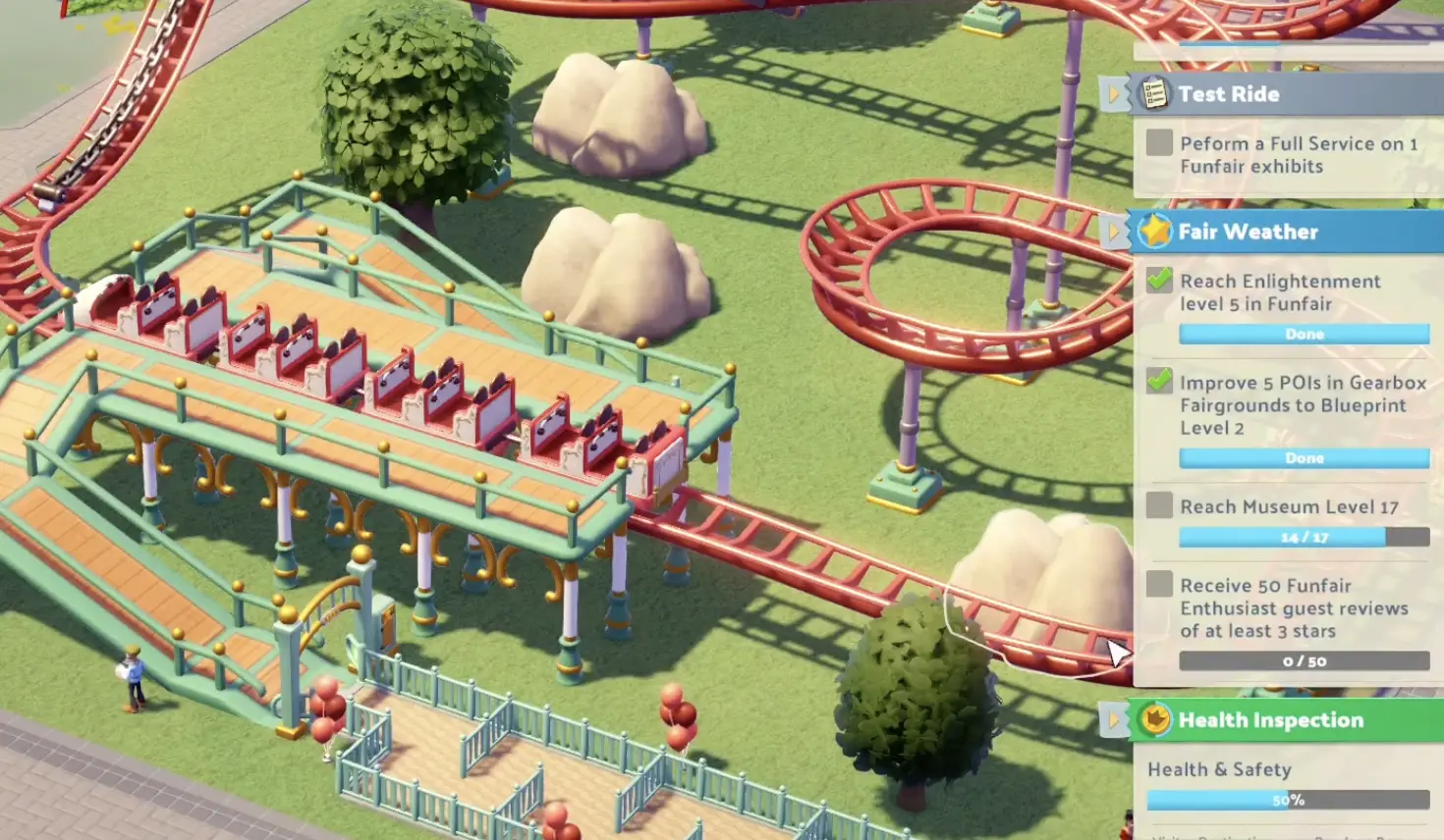 Fair Weather objectives requiring Funfair Enlightenment Level 5, five Gearbox POIs at Blueprint Level 2, Museum Level 17, and 50 Funfair Enthusiast reviews of three stars or better