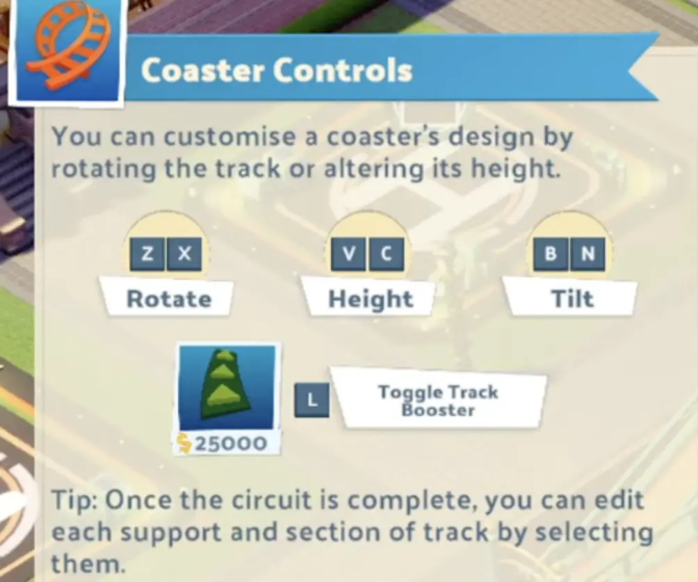 Two Point Museum Coaster Controls showing Toggle Track Booster with L, Rotate with Z and X, Height with V and C, and Tilt with B and N