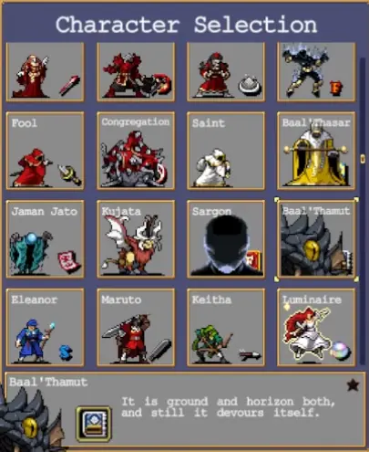Legacy of the Bloodmoon characters shown in the Vampire Survivors character selection screen
