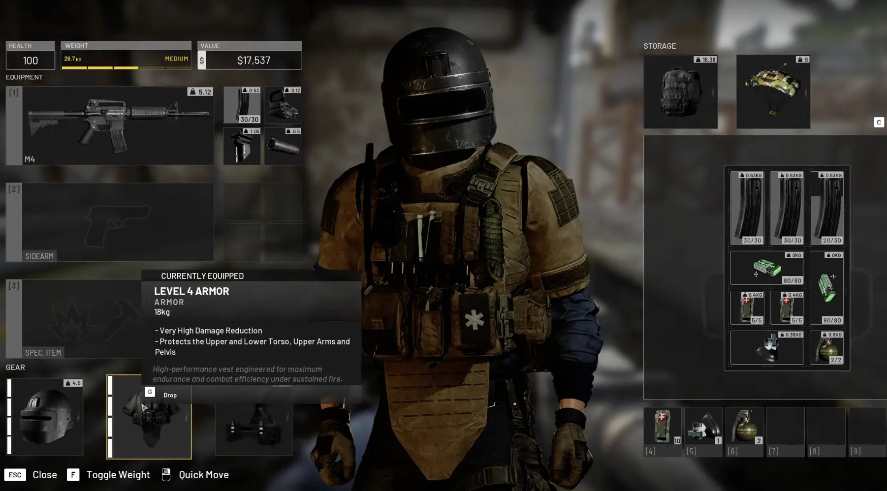 WARDOGS Level 4 body armor showing an 18 kilogram weight