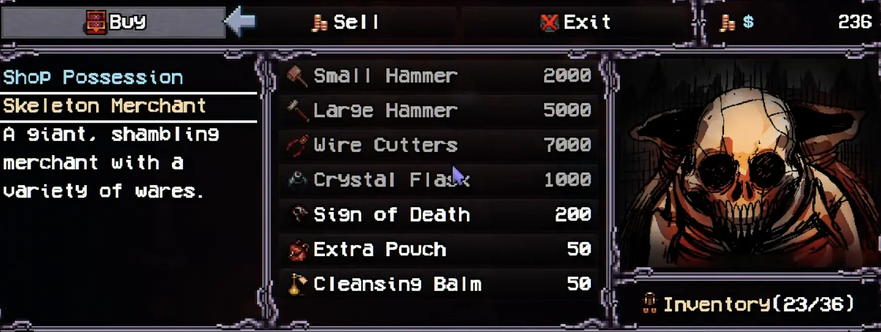 Skeleton merchant selling Small Hammers, Wire Cutters, Extra Pouch and Cleansing Balm in the Catacombs