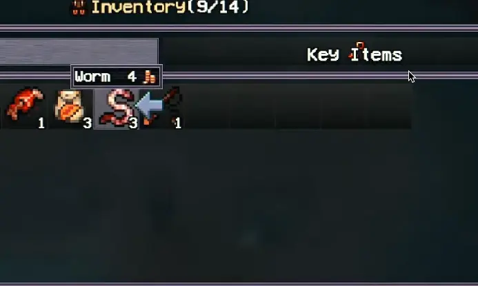 Adding bait to the fishing rod from the inventory in Welcome to Elderfield