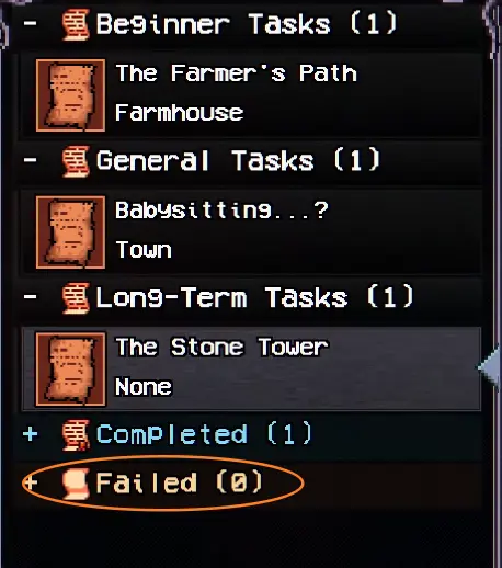 Failed task category in the Welcome to Elderfield Task screen