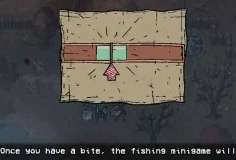 Fishing minigame showing the moving cursor and blue target section in Welcome to Elderfield