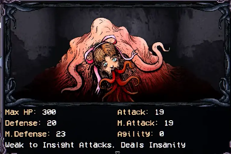 Flesh Girl enemy data showing 300 HP in Welcome to Elderfield