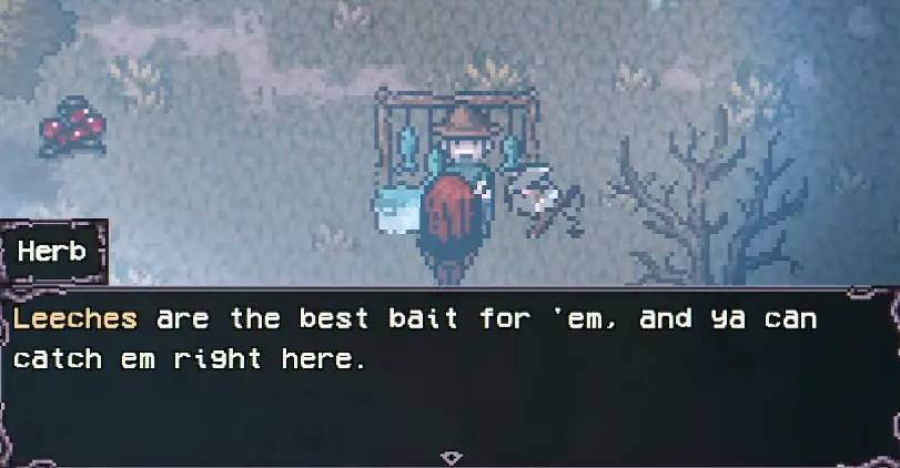 Fisherman Herb recommending Leeches for Fog Eel in Welcome to Elderfield