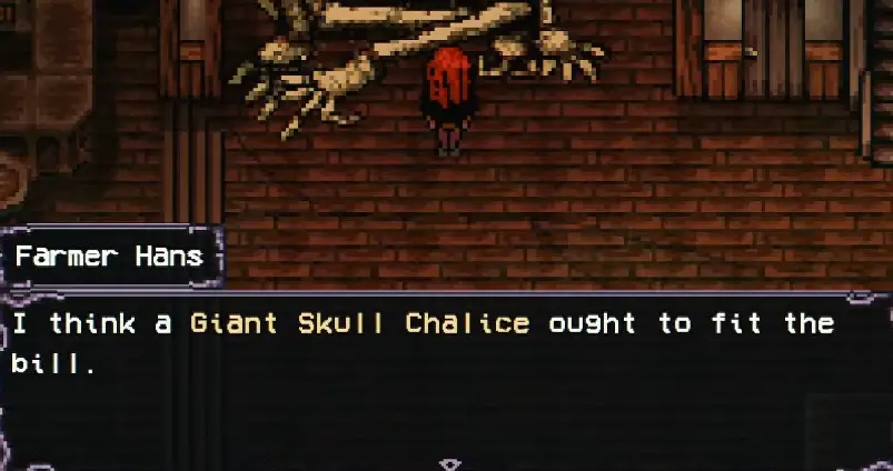 Farmer Hans explaining the Giant Skull Chalice task in Welcome to Elderfield