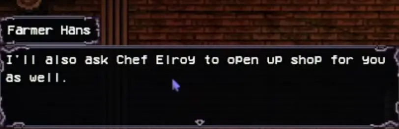 Farmer Hans explaining that Chef Elroy will open his shop in Welcome to Elderfield