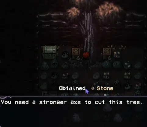 Mall Mine tree saying a stronger axe is required in Welcome to Elderfield