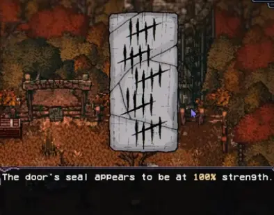 Stone Tower entrance showing a seal at 100 percent strength in Welcome to Elderfield