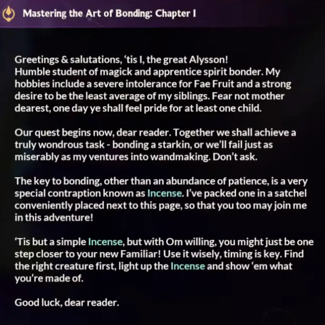 Witchspire bonding note explaining incense