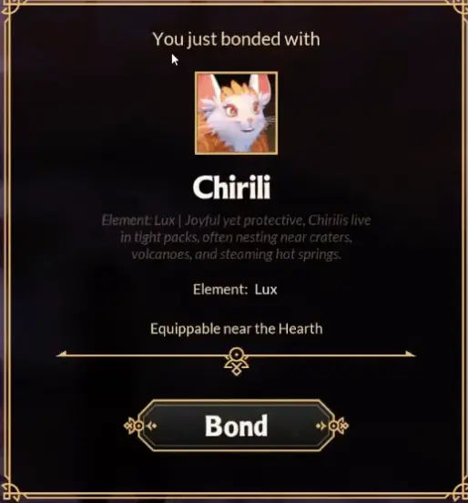 Witchspire bonding with a Chirili Lux familiar