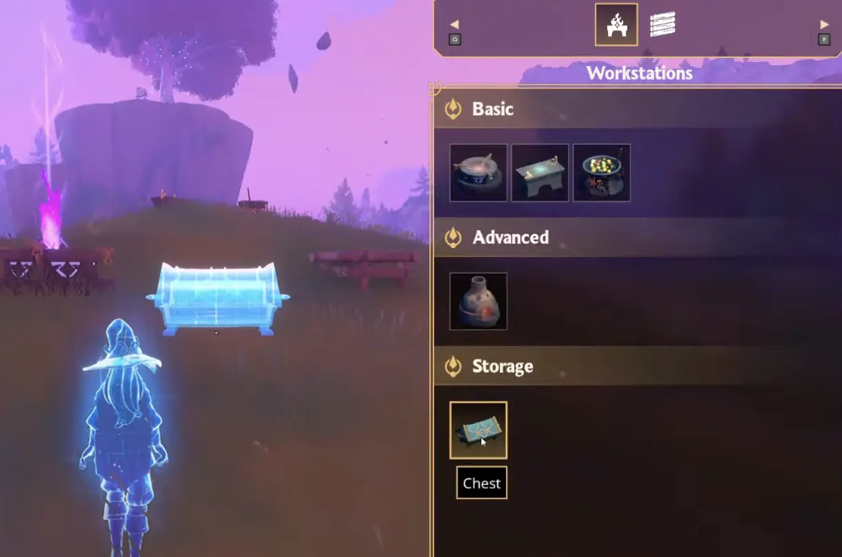 Witchspire build menu showing storage chest and workstations
