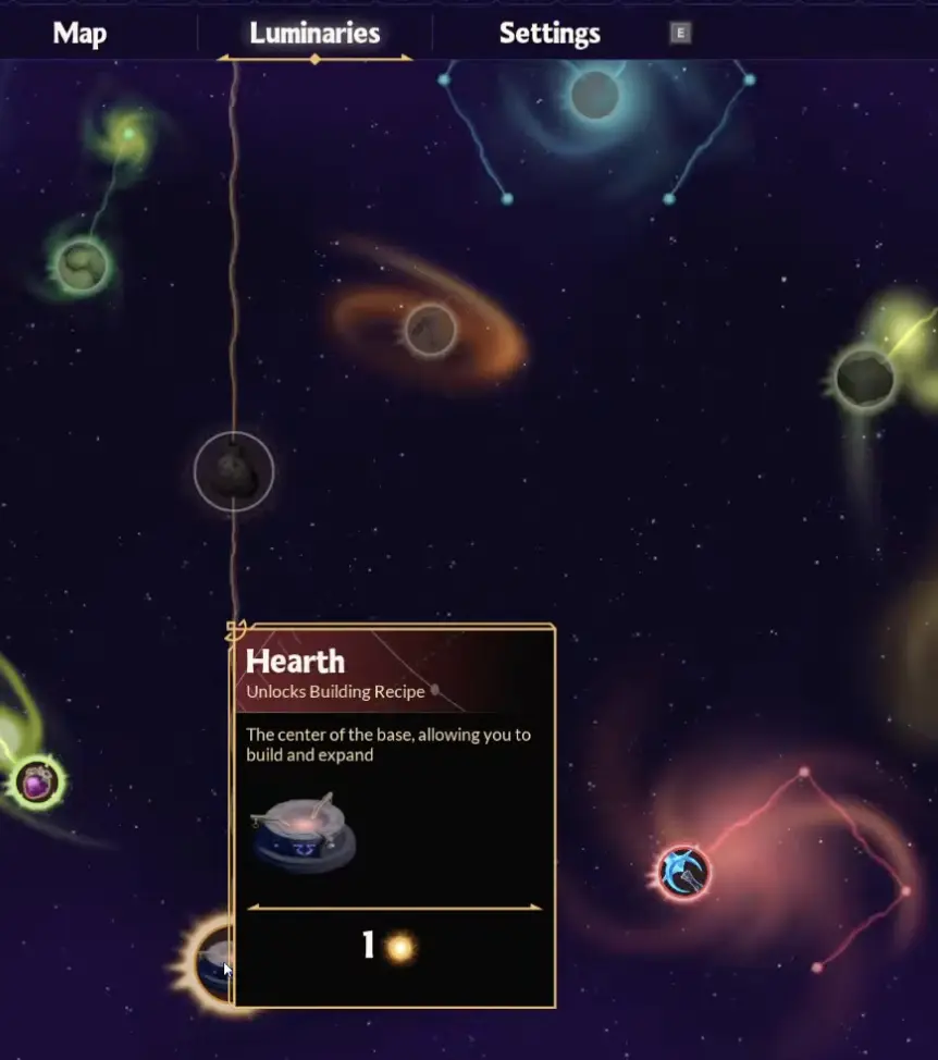 Witchspire early Luminaries menu