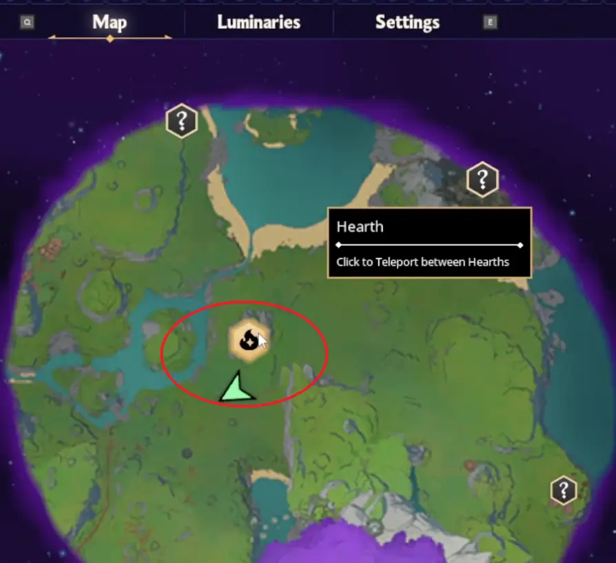 Witchspire map showing Hearth teleport option