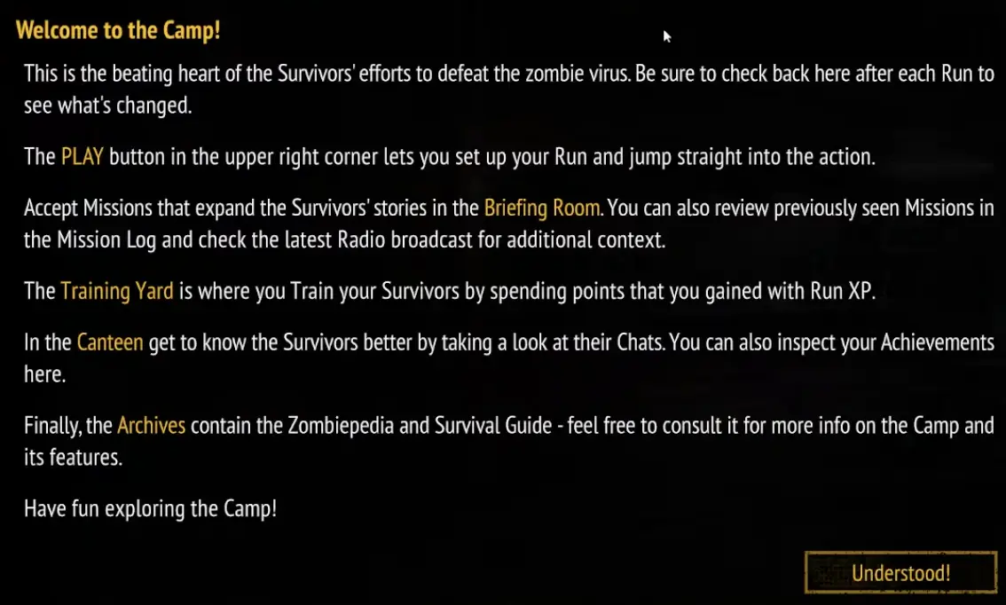 Survivors Camp showing the Briefing Room and Mission Log in Yet Another Zombie Survivors 1.0