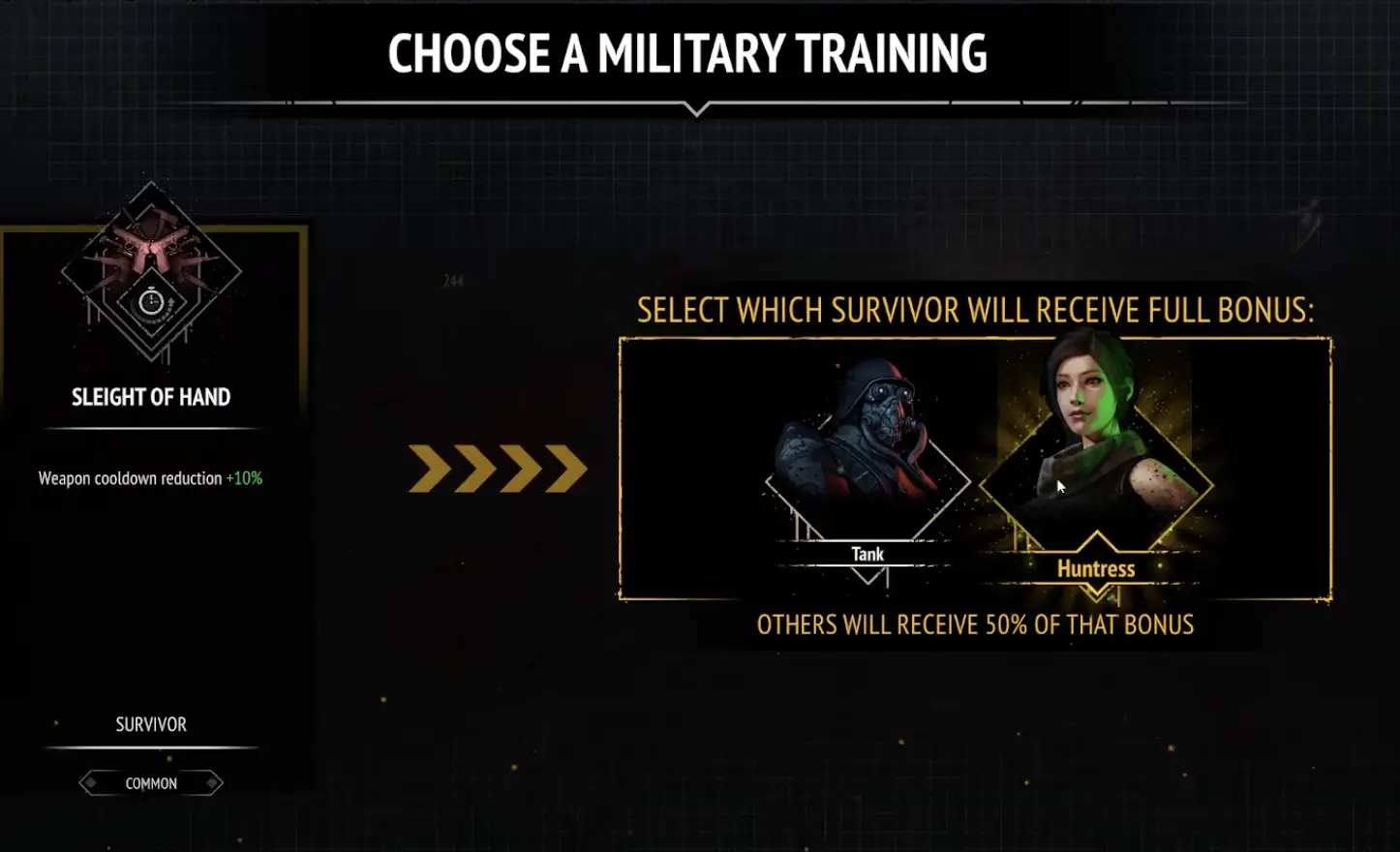 Military Training Survivor selection showing teammates receive 50 percent of the selected bonus
