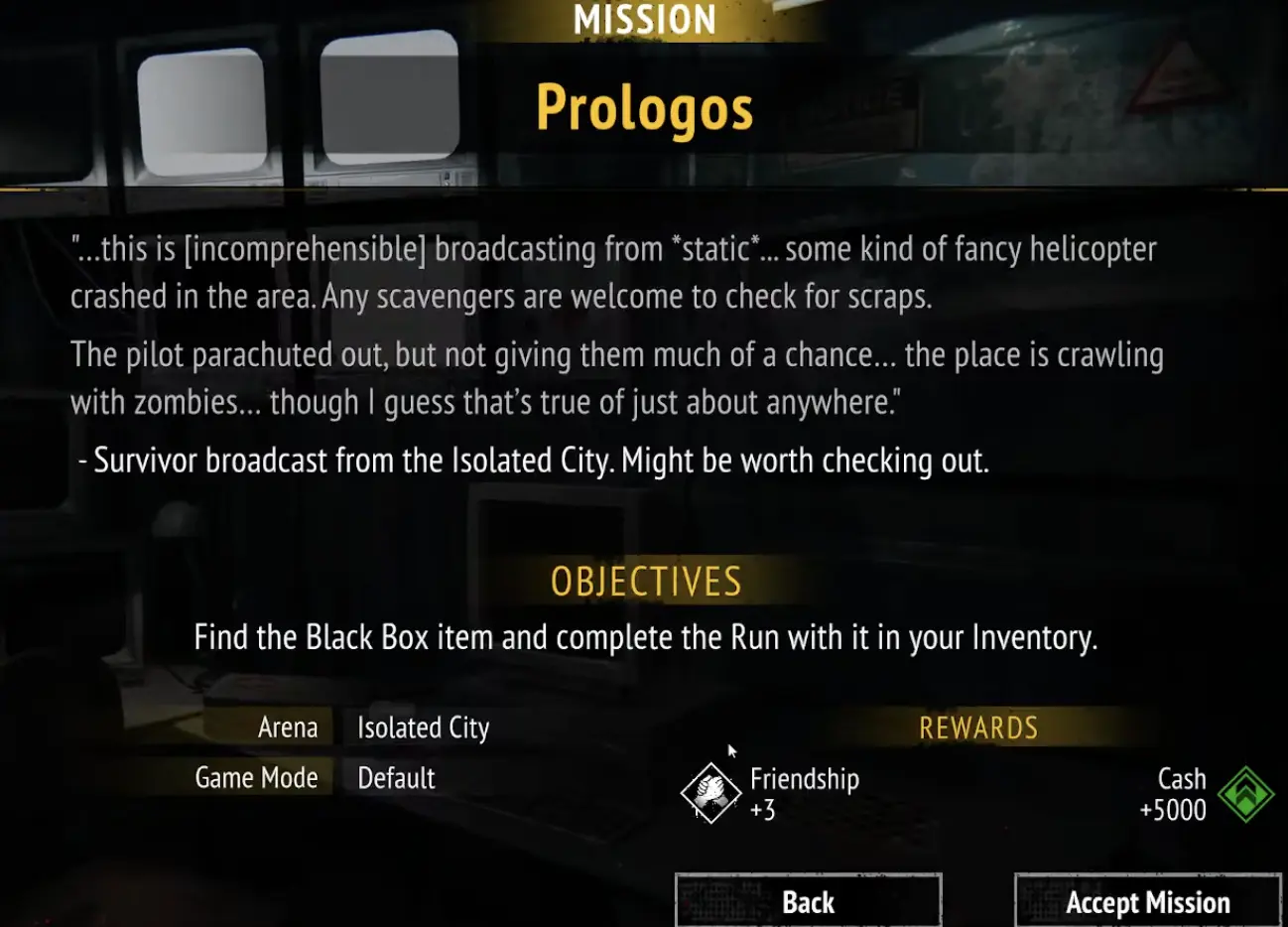 Prologos mission showing the Black Box objective in Yet Another Zombie Survivors 1.0