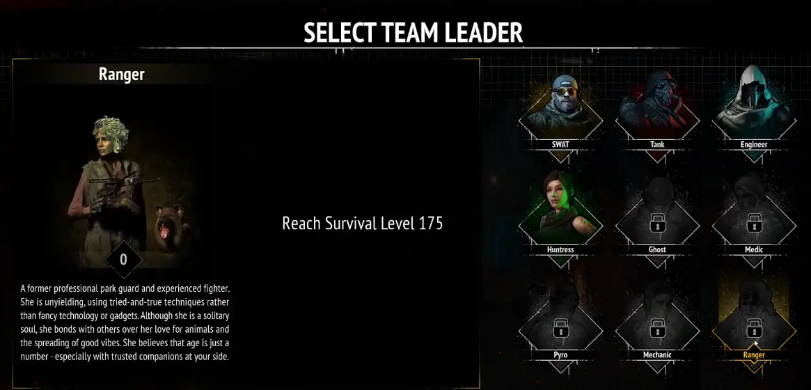 Ranger unlock requirement showing Survival Level 175 in Yet Another Zombie Survivors 1.0