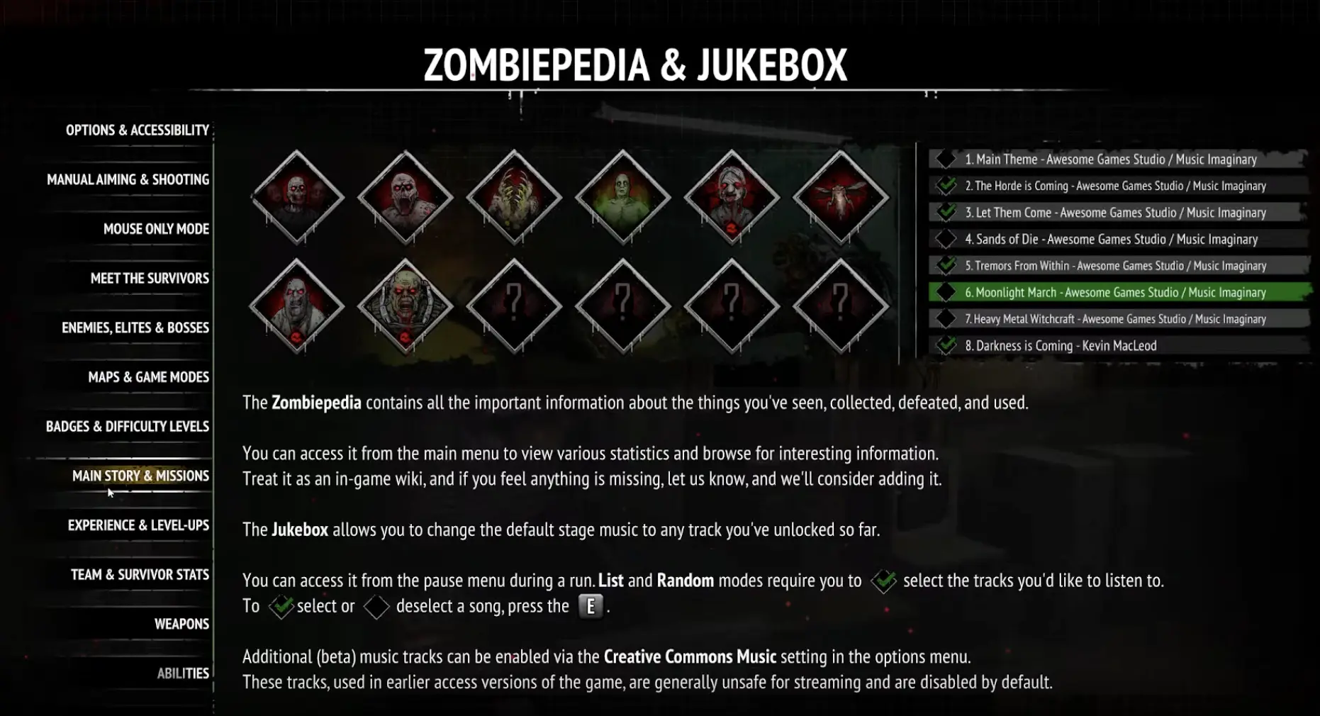 Story Missions and Repeatable Missions information in Yet Another Zombie Survivors 1.0
