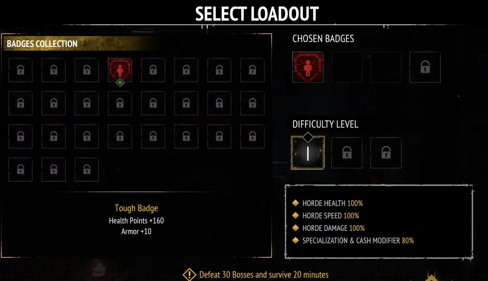 Tough Badge showing Health Points plus 160 and Armor plus 10 in Yet Another Zombie Survivors